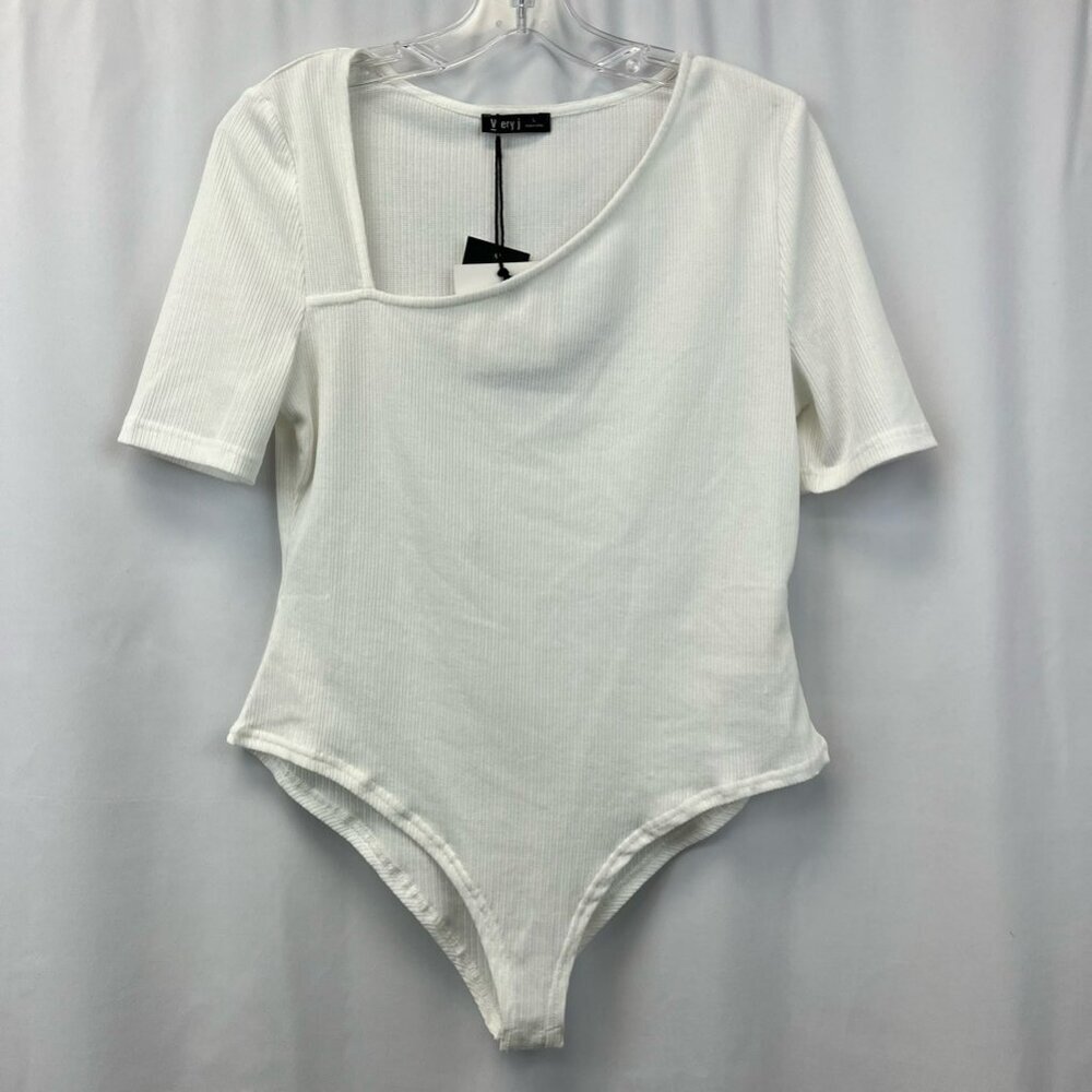 Very J Womens Bodysuit Off White Short Sleeve Asymmetric Neck Ribbed L New